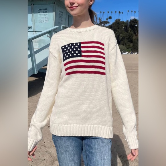 Brandy Melville brandy new NWT NICO AMERICAN FLAG SWEATER white cable knit polo - Picture 1 of 8